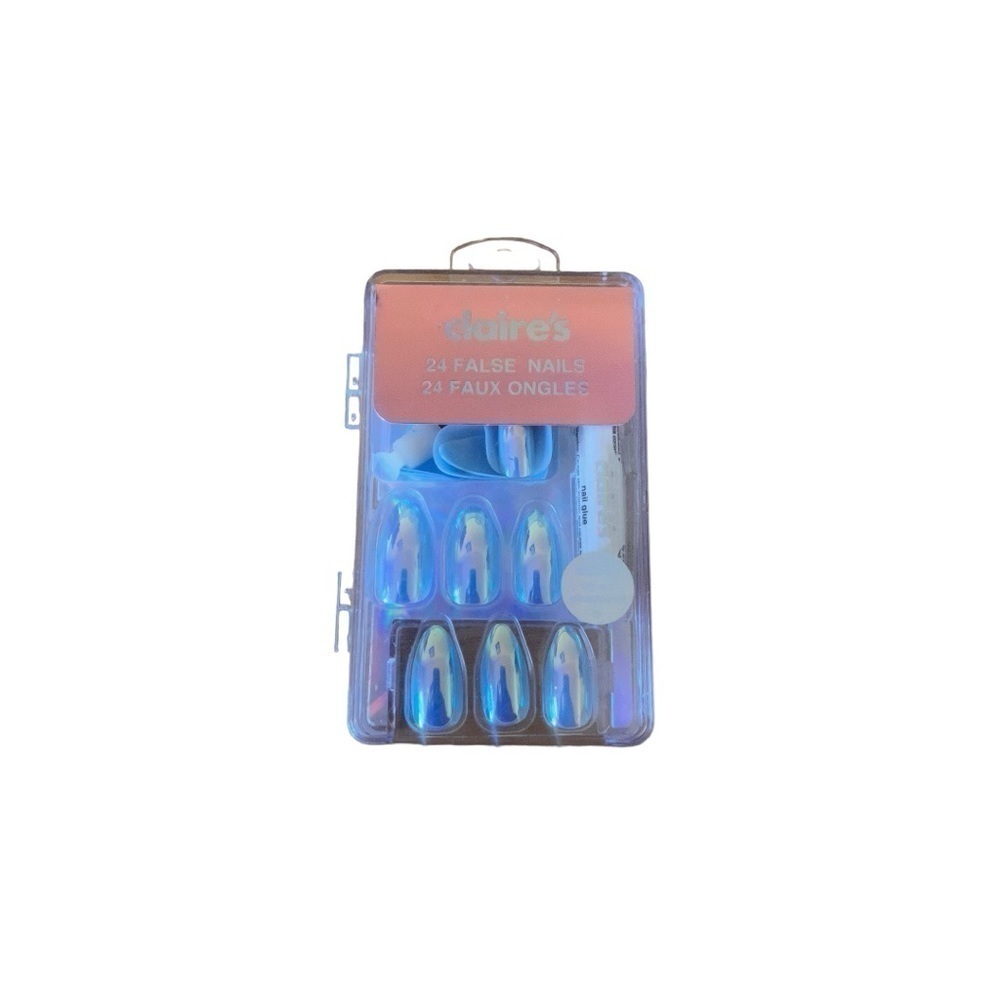 Claire's Press on acrylic nails holographic baby blue stiletto